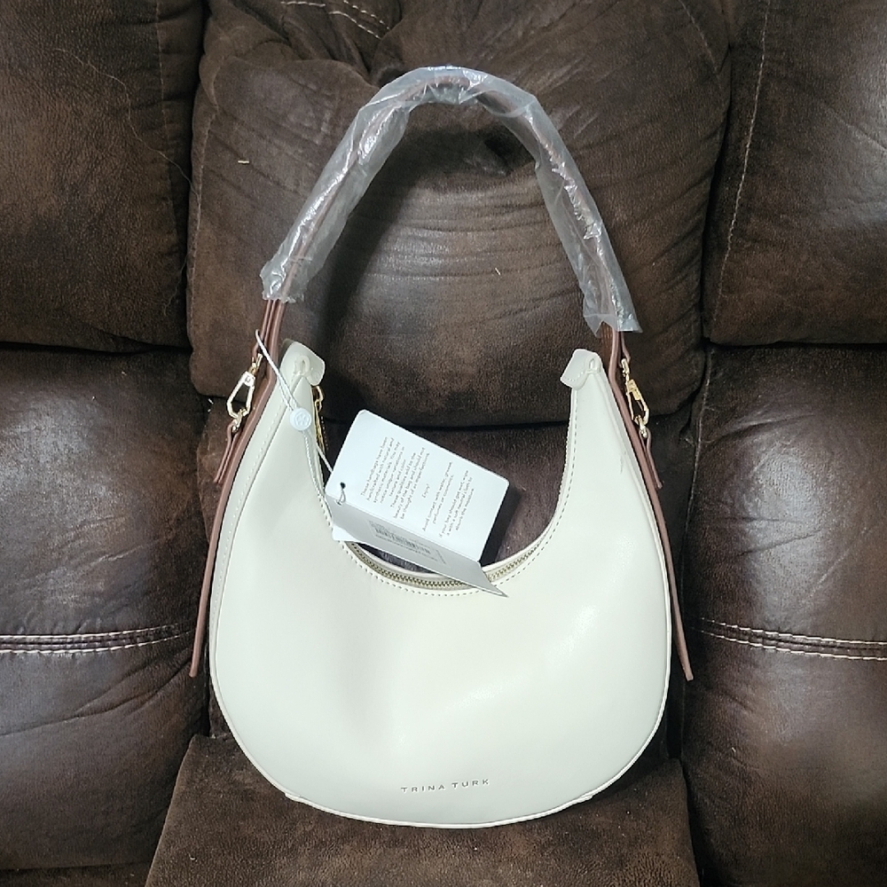 Trina Turk Cream and Brown Crescent Shoulder Bag with Top Zip
